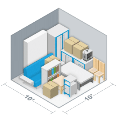 Isometric illustration of a 10-by-10-foot storage unit filled with furniture, boxes, shelves, a sofa, chairs, a table, and a microwave.