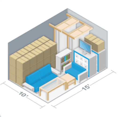 Isometric view of a 10 by 15 foot storage unit filled with stacked boxes, a blue sofa, tables, shelves, a TV, and other household furniture.