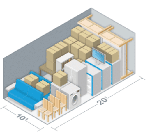 Storage unit measuring 10 by 20 feet, containing boxes, a blue sofa, chairs, a washing machine, appliances, and shelves along the wall.