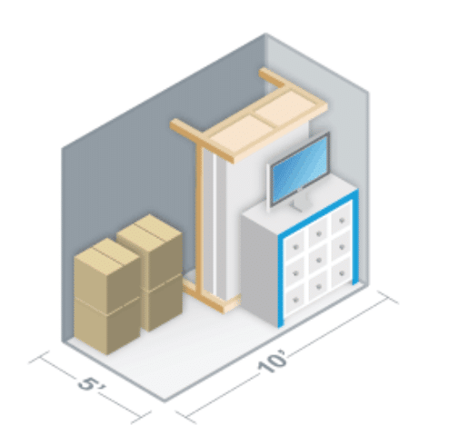 A 5 by 10 storage unit with boxes, a shelving unit, a TV on top of a dresser, against two walls.