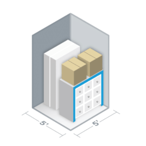 Illustration of a 5-foot by 5-foot storage unit containing boxes, a cabinet with drawers, and two upright rectangular items against the back wall.